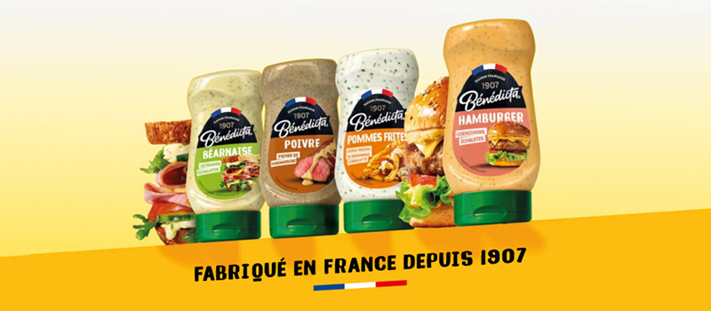 Les quatre sauces snacking Bénédicta en flacon souple : Hamburger, Poivre, Béarnaise et Pommes Frites